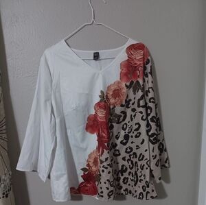 Asymmetrical White and Red Floral Blouse